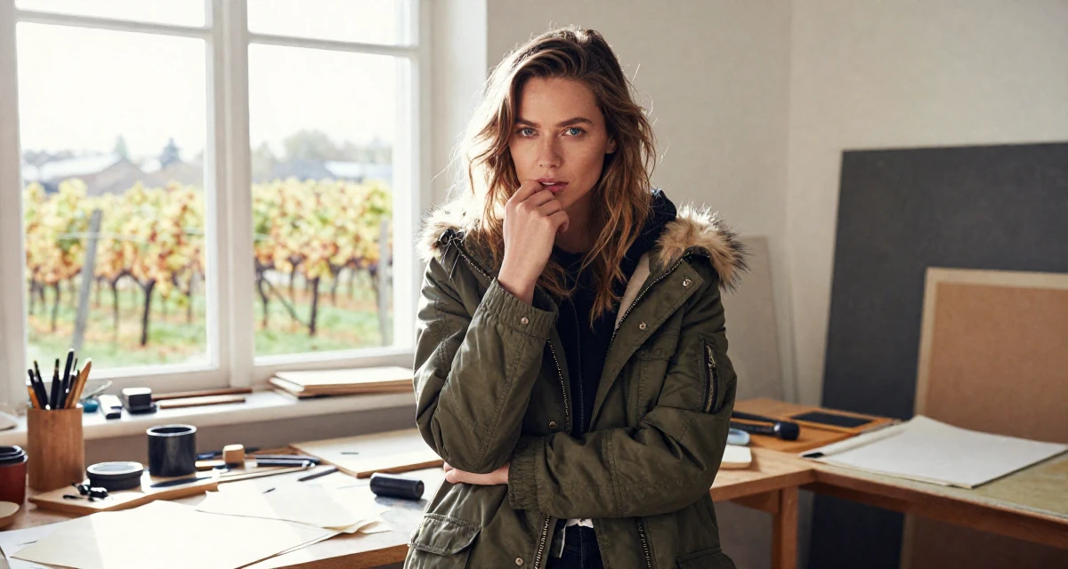 A introspective Female From Copenhagen Denmark, majored in architecture in their 24, stepping into a more empowered, seductive creator phase, wearing a stylish parka jacket, biting the lower lip softly in a messy artist studio.