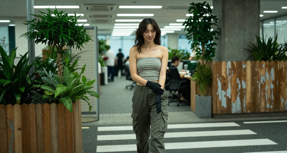 A amused Female From Kaohsiung Taiwan, started modeling while studying visual design in their 20, capturing every moment for the aesthetic, wearing a strapless tube top and cargo pants, removing a glove in a busy crosswalk.