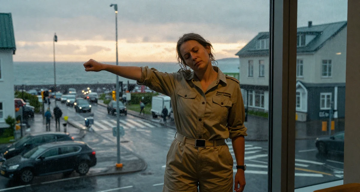 A tired Female From Iceland, majored in renewable energy studies in their 40, starting a second business venture, wearing a safari explorer outfit with khaki shorts, fixing a loose strand of hair in a busy intersection.
