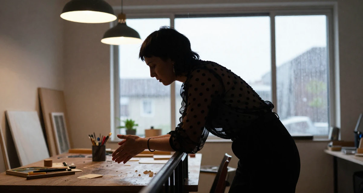 A intimidating Female Once a kindergarten teacher, now a full-time lifestyle content creator in their 30, accepting that ambition doesn’t erase exhaustion, wearing a sheer polka dot blouse and black trousers, wiping hands in a artist workshop.