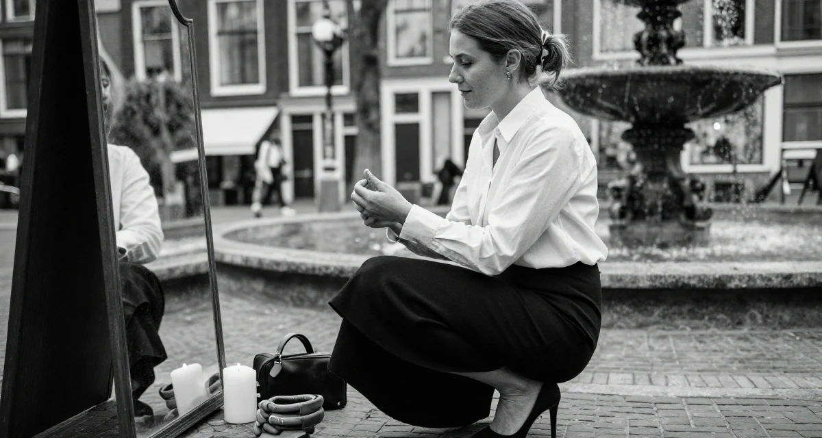 A thoughtful Female From the Netherlands, studied user experience design in their 32, building a personal brand on LinkedIn, wearing a asymmetrical hem skirt and a crisp white shirt, fixing a cufflink in a vanity mirror.
