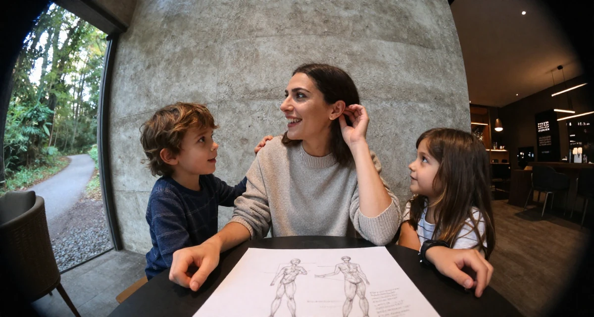 A joyful Female From Rome Italy, studied classical body aesthetics and figure drawing in their 33, balancing two kids and a growing business, wearing a open-back sweater showing the spine, resting hands on a table in a luxury hotel lobby.