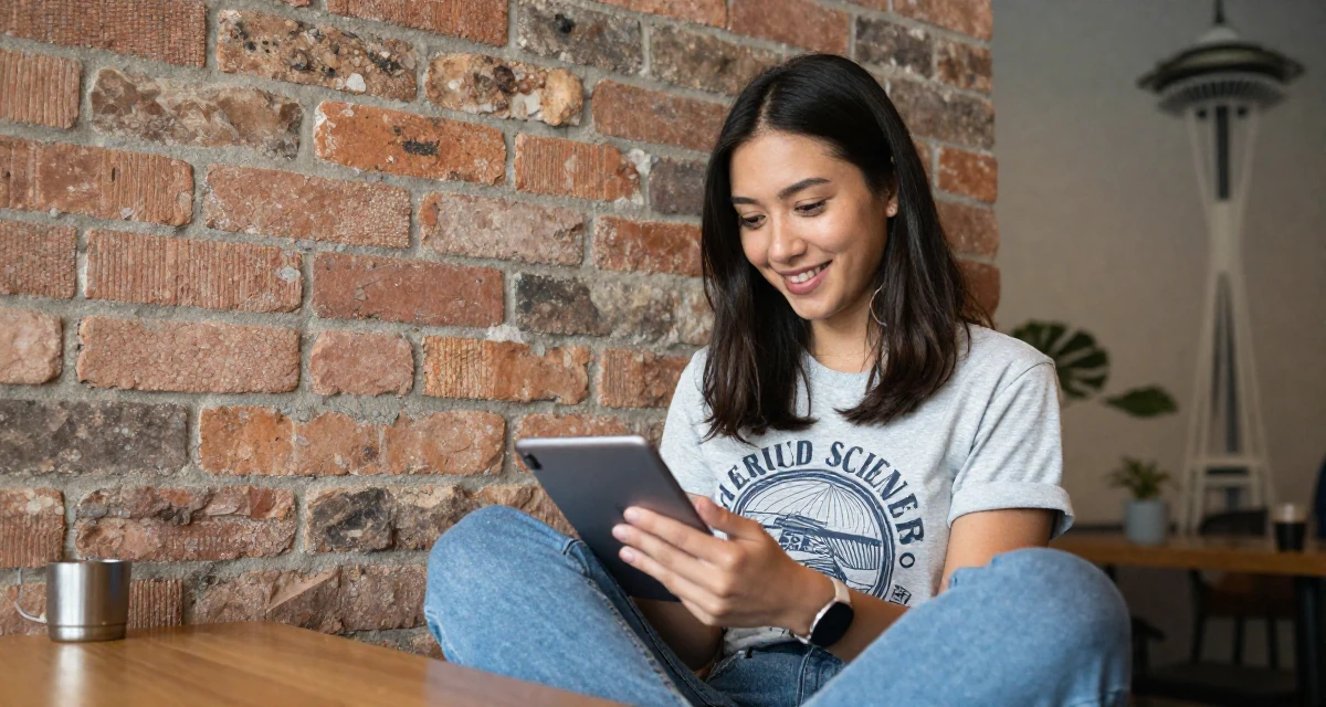 A blissful Female From Singapore, holds a degree in data science in their 23, handling occasional negative comments professionally, wearing a laid-back graphic tee and jeans, scrolling casually in a trendy coffee shop.