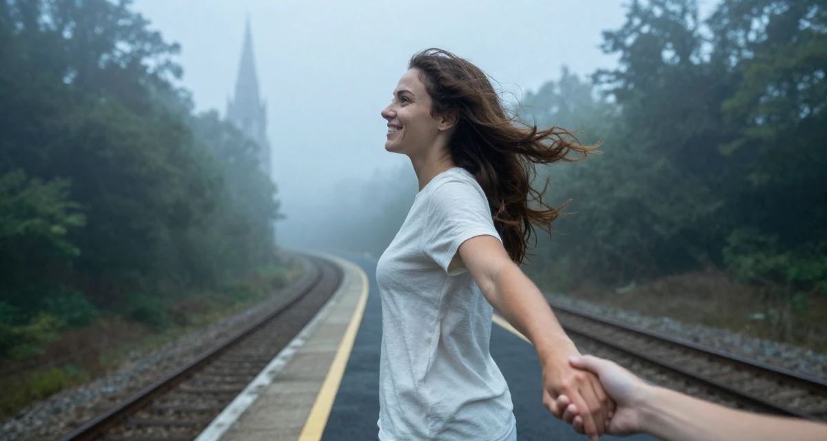 A happy Female Once a lifeguard, now shooting athletic, beach-centered content in their 31, exploring advanced investment strategies, wearing a soft organic cotton clothing, holding hands with someone unseen in a train platform.
