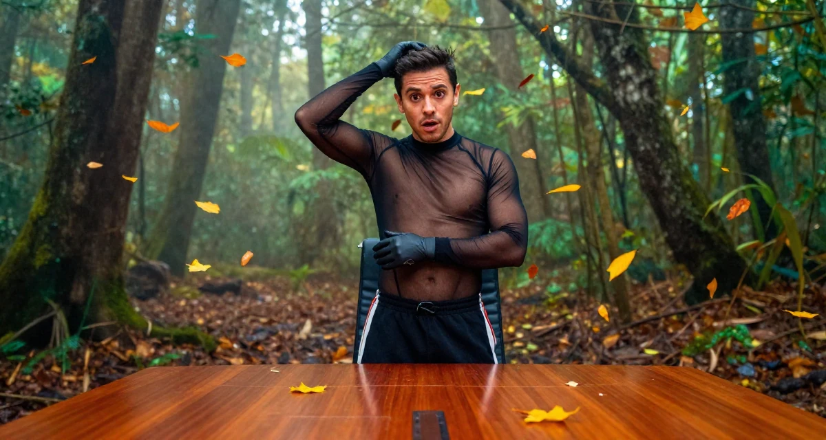 A stunned male From Colombia, based in Cali, graduated from a local arts school majoring in glam-focused digital media in their 41, tech executive pivot to digital content creation, wearing a mesh paneled bodysuit and track pants, putting on a glove in a dense misty forest.