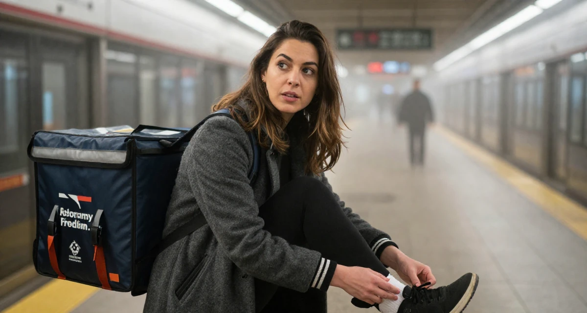 A mysterious Female Former food delivery biker, now exploring creator freedom in their 25, wearing a tailored coat and looking sharp, wearing a casual varsity jacket look, gesturing while talking in a subway station.