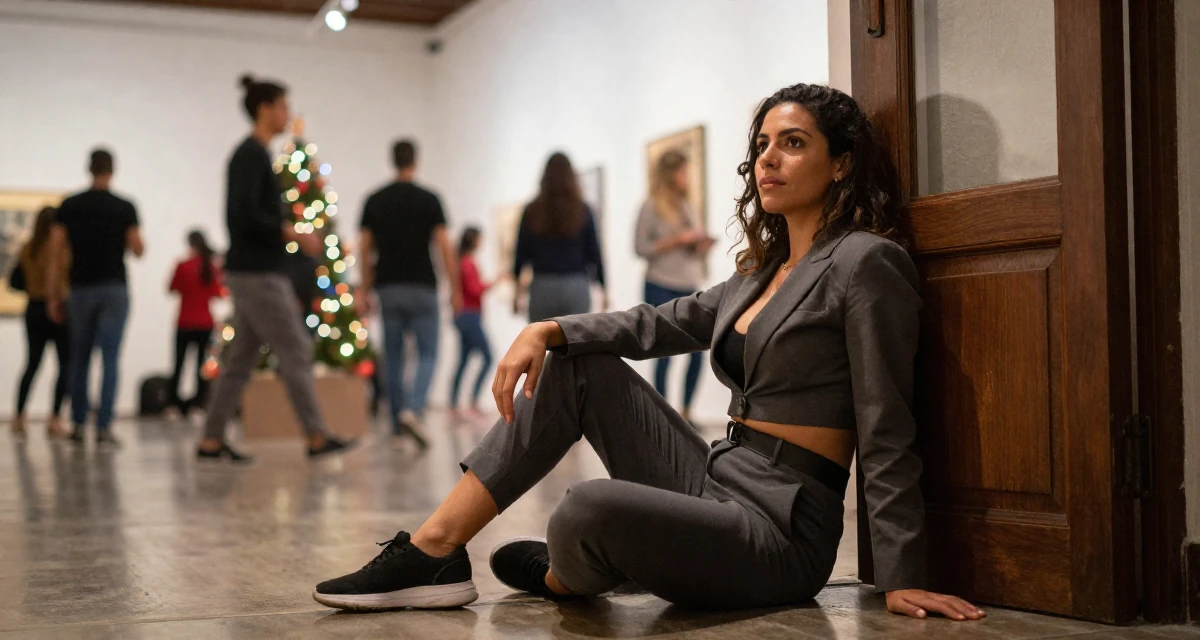 A observant Female From Mexico City Mexico, learned expressive movement through Latin dance in their 38, documenting a home gym transformation, wearing a cropped business jacket and high-waisted pants, leaning against a door in a art gallery.
