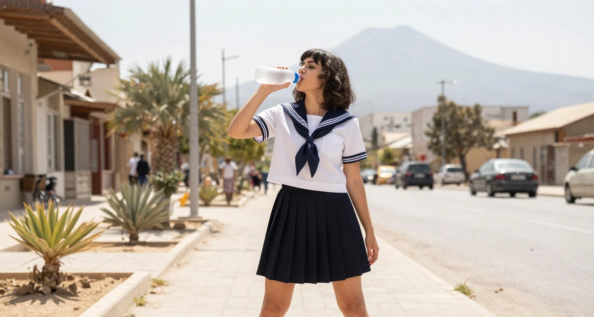 A carefree Female From Serbia, based in Niš, graduated from a media program majoring in intimate persona development in their 22, refining flirty messaging styles without oversharing, wearing a Japanese school sailor uniform (seifuku) with a pleated skirt, drinking from a water bottle in a bustling city street.