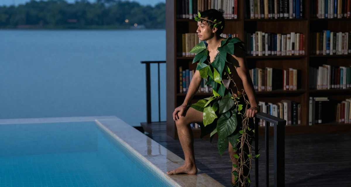 A tranquil male Former geography club member, now producing exploration-themed content in their 44, building a legacy for the next generation, wearing a forest dryad costume made of leaves and vines, stepping onto a curb in a swimming pool.