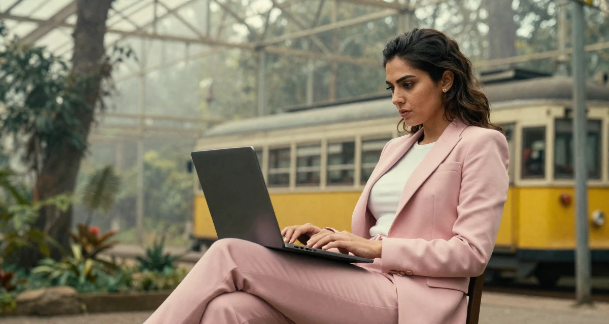 A fearless Female Born in Nepal, studied urban planning in their 22, feeling the imposter syndrome in a first serious job, wearing a tailored pantsuit in pastel pink with a white top, typing on a laptop in a greenhouse interior.