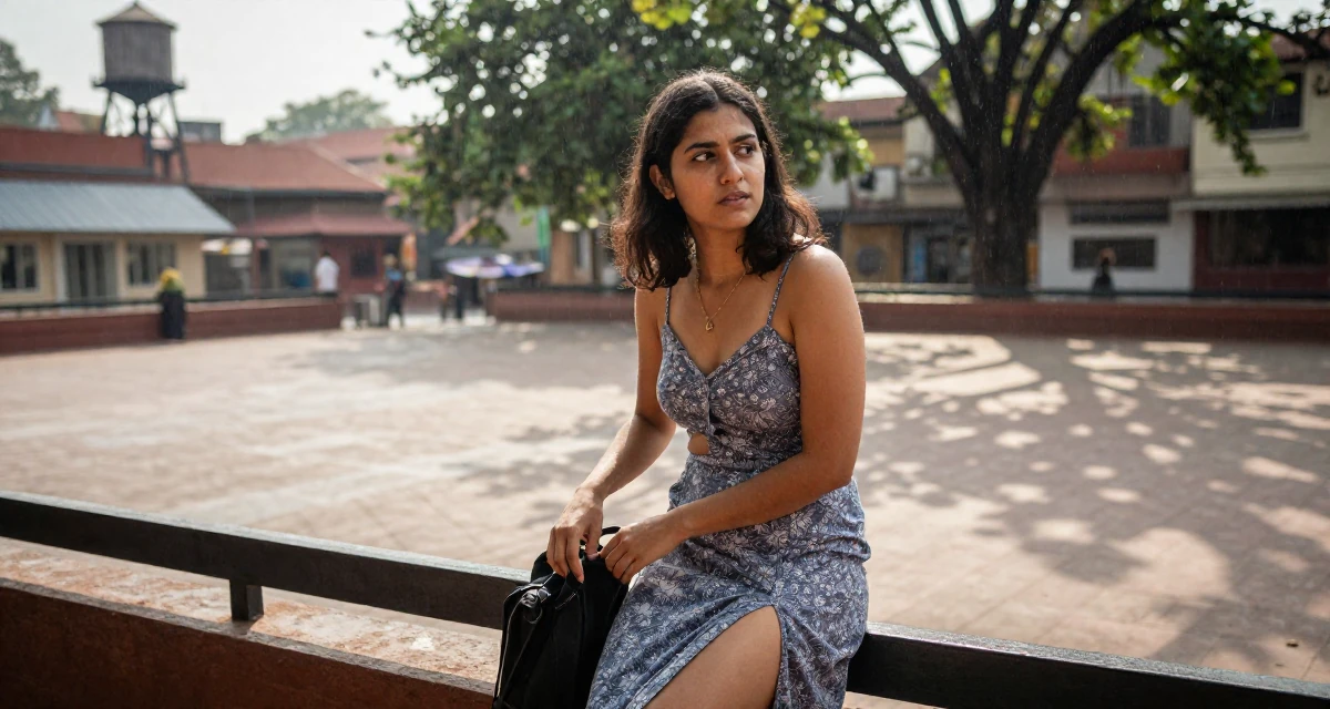 A distracted Female Born in Nepal, studied urban planning in their 27, feeling more comfortable in their own skin, wearing a spaghetti strap summer dress with a high slit, closing a bag in a pedestrian plaza.