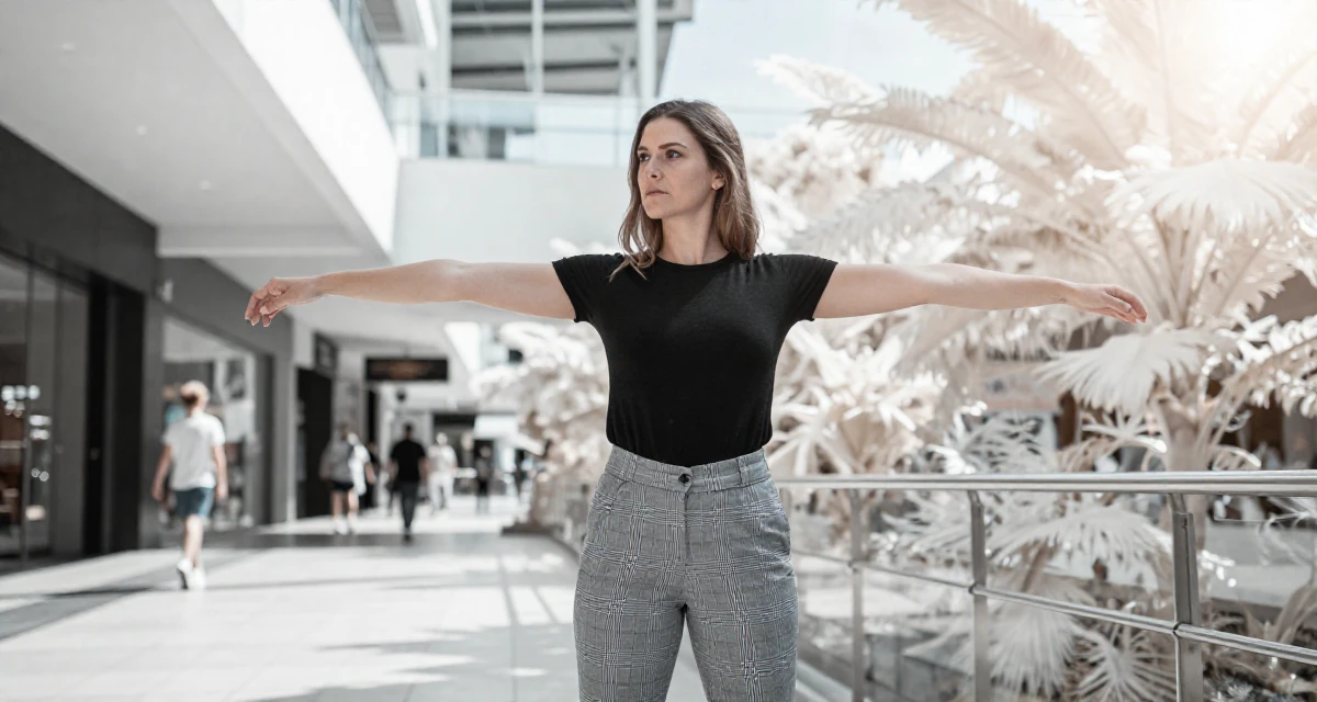 A contemplative Female From Australia, studied marine biology on the coast in their 30, freelancing after a layoff, wearing a grey plaid trousers and a fitted black tee, stretching arms in a shopping mall atrium.