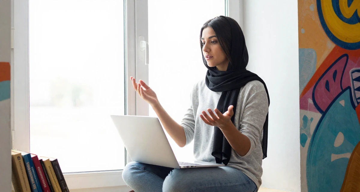 A observant Female From Arabic-speaking world, studied business law in their 23, juggling low-paying jobs while squeezing time for content, wearing a relaxed streetwear, holding a laptop in a cozy reading nook by a window.
