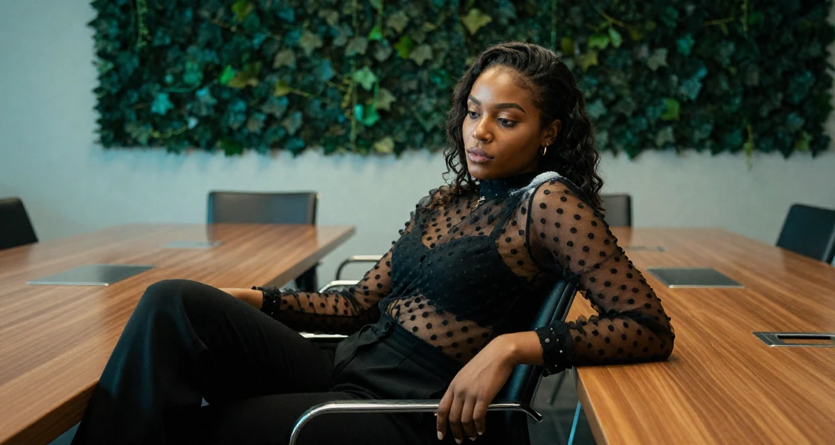 A absent-minded Female From Mozambique, studied environmental science in their 23, realizing “less is more” in seductive storytelling, wearing a sheer polka dot blouse and black trousers, dusting off the shoulder in a conference room.