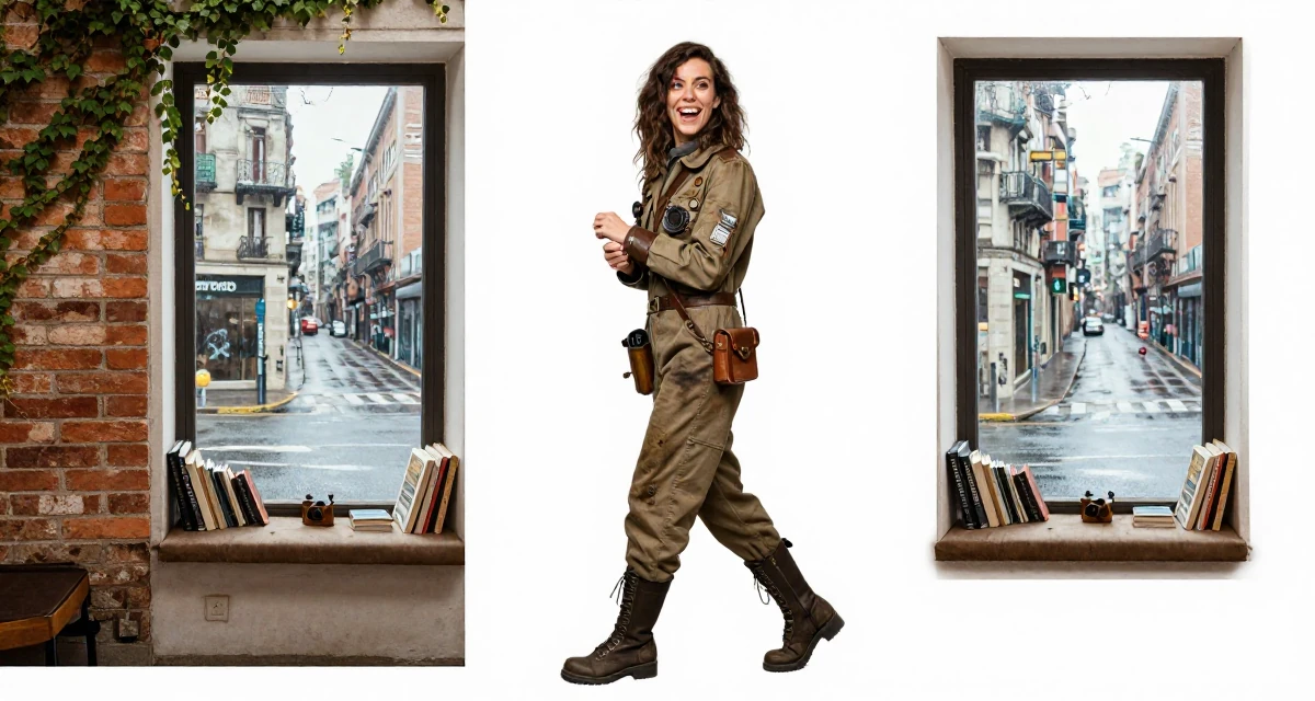 A ecstatic Female From Barcelona Spain, trained in creative directing for personal content in their 23, realizing content creation requires real discipline, wearing a steampunk mechanic jumpsuit with grease stains, fixing a cufflink in a cozy reading nook by a window.
