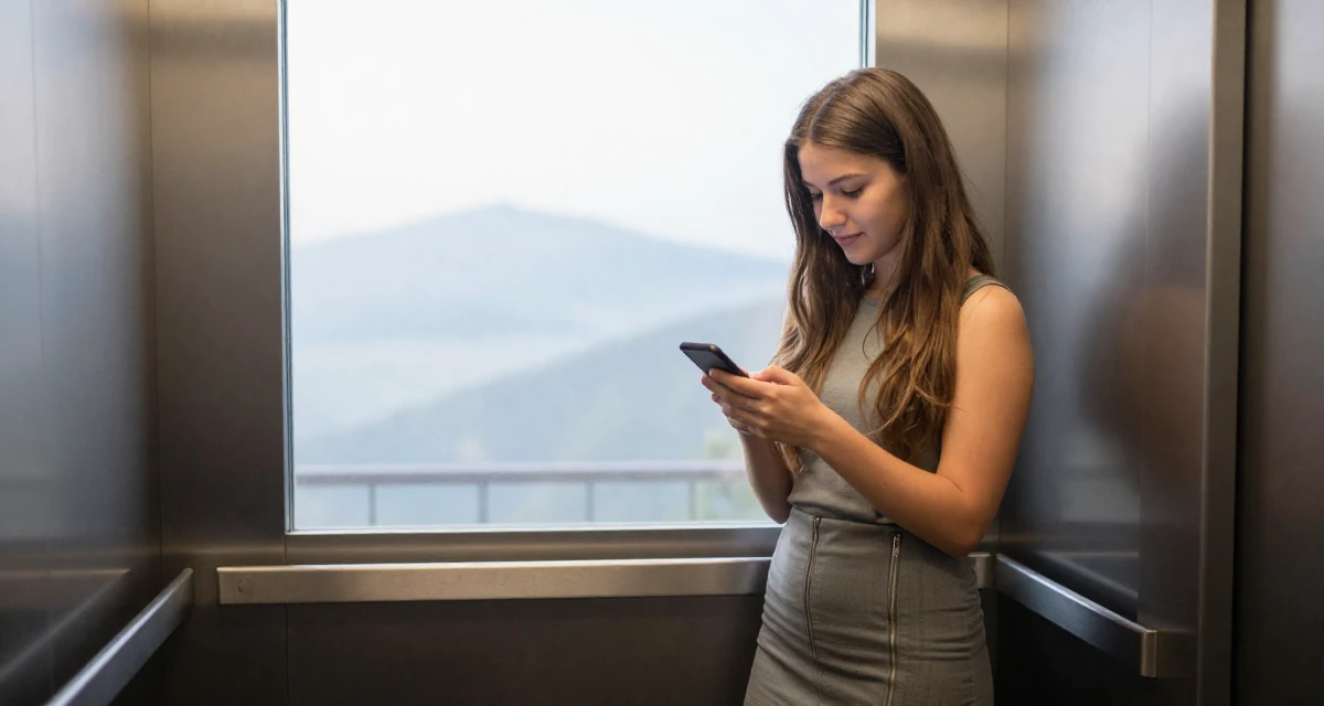 A serene Female From Germany, based in Hamburg, graduated from a design academy majoring in interaction design in their 22, filming between classes because real life leaves no time, wearing a pencil skirt with a zipper detail, checking a phone in a elevator hall.