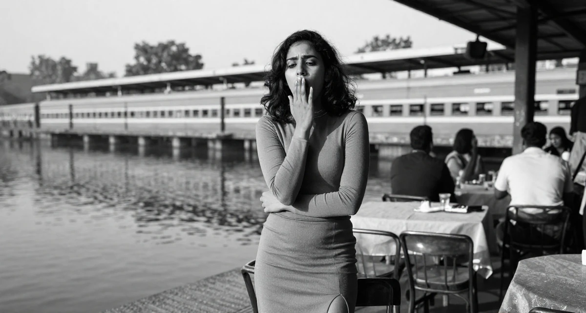 A awestruck Female From New Delhi India, majored in English literature in their 26, dealing with younger competition while finding identity, wearing a tight long-sleeve bodysuit and a slit midi skirt, yawning discreetly in a banquet hall.