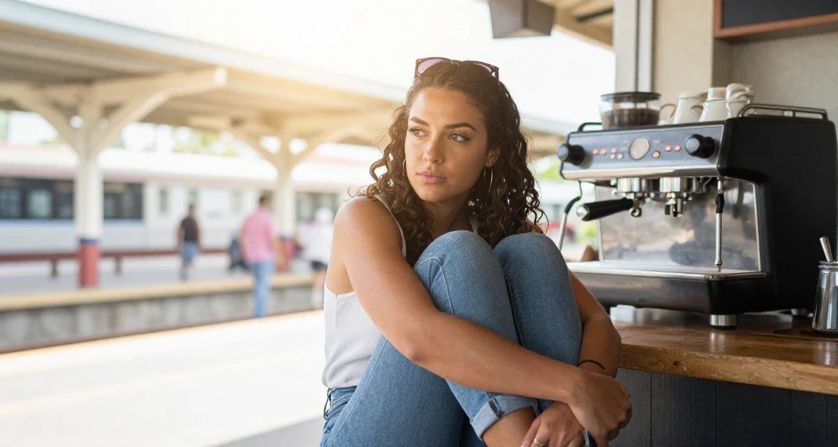 A thoughtful Female From Barbados, majored in digital entrepreneurship in their 26, balancing a demanding career with dating life, wearing a modern casual lifestyle wear, cracking knuckles in a coffee shop corner.
