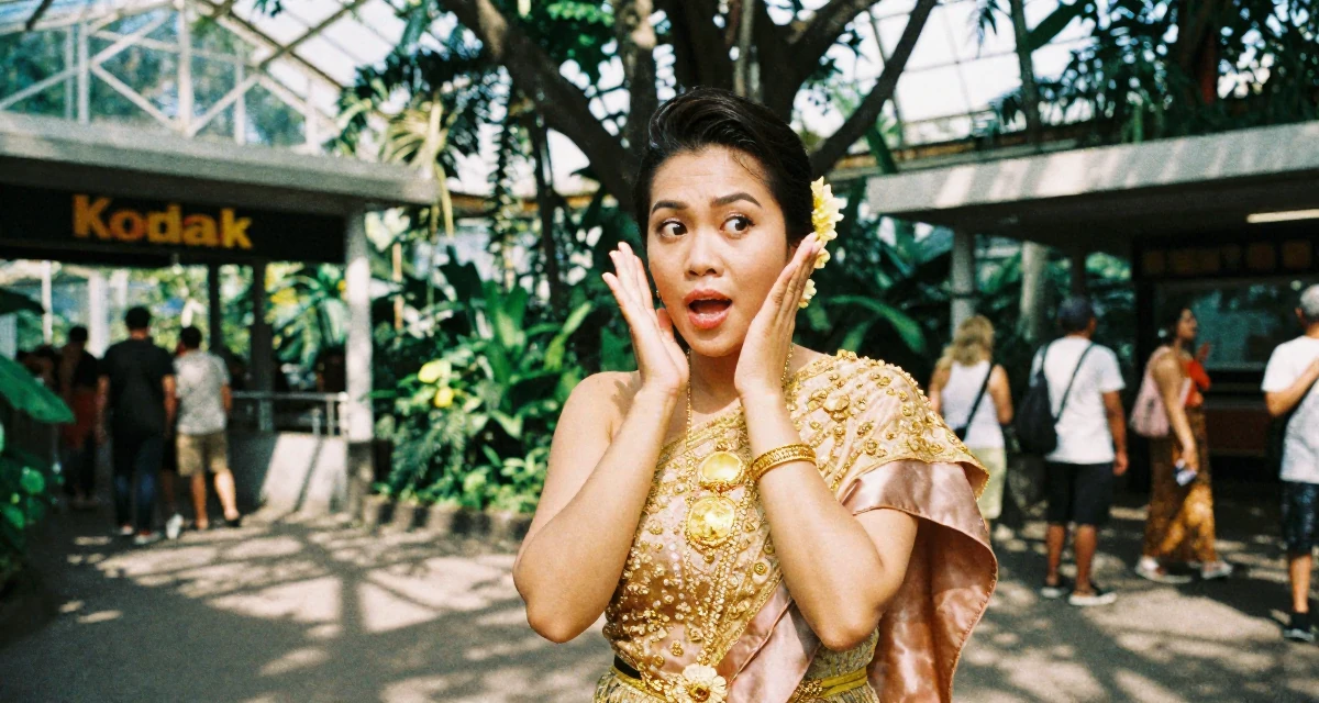 A curious and focused Female From Indonesia, based in Bali, graduated from an arts institute majoring in expressive digital portraits in their 40, fit and active lifestyle advocate, wearing a regal empress gown with heavy silk and jewelry, picking something up in a botanical greenhouse.