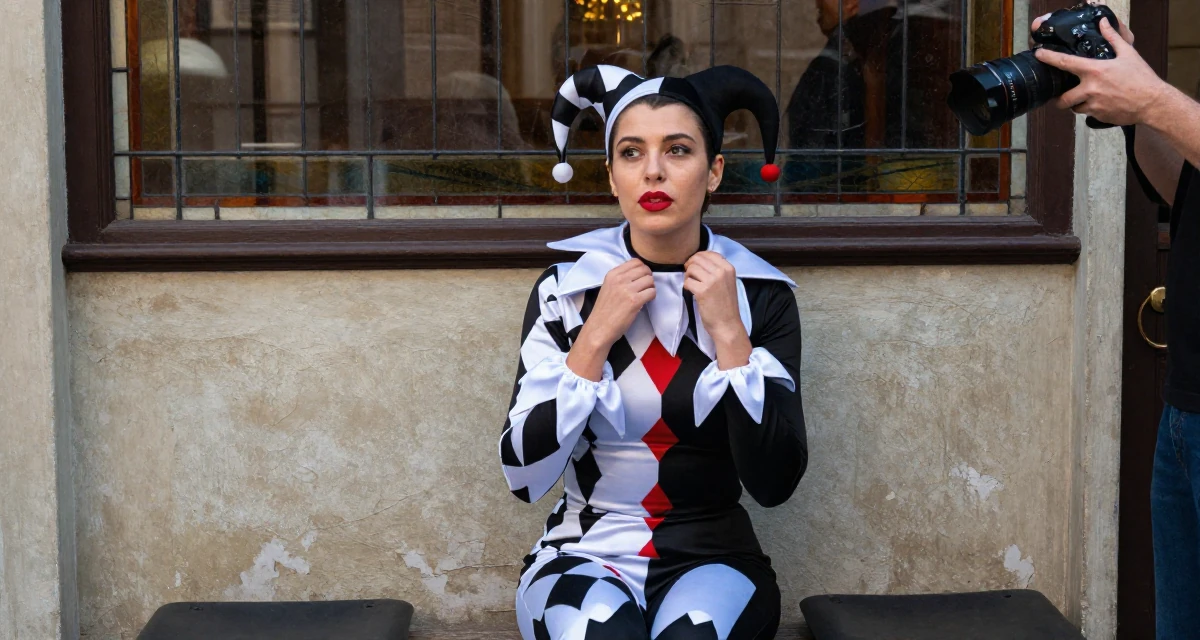 A sophisticated Female Previously a bartender, now expressing nightlife energy through content in their 23, refining seductive expression through skilled camera work, wearing a harlequin jester costume with a diamond pattern, adjusting a scarf in a waiting room.