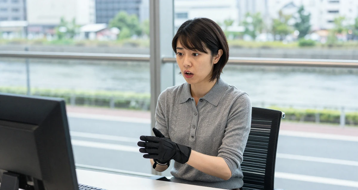 A wild Female From Tokyo Japan, majored in literature in their 22, feeling the imposter syndrome in a first serious job, wearing a smart knit polo, putting on a glove in a airport terminal.