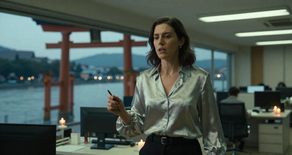 A romantic Female Raised in Mexico, majored in e-commerce management in their 29, carrying invisible pressure to stay relevant, wearing a silk blouse with oversized cuffs, holding a pen in a Japanese Shinto shrine.