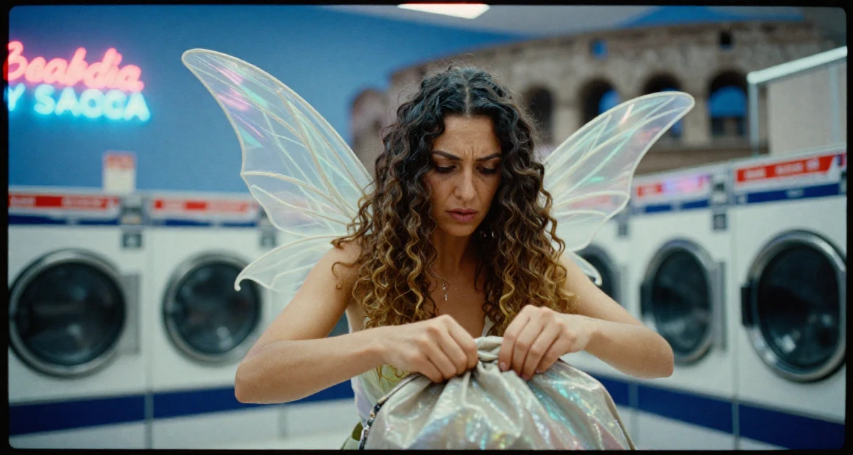 A tense Female From Alexandria Egypt, practiced creative self-portraiture in their 42, passionate about sustainable luxury living, wearing a fairy costume with translucent iridescent wings, closing a bag in a laundromat with neon signs.