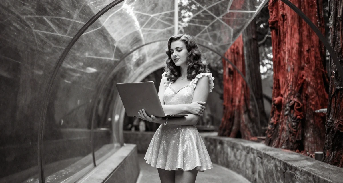 A serene Female From Buenos Aires Argentina, holds a degree in dance studies in their 23, learning to set boundaries with bosses, wearing a magical girl anime costume with a sparkly short skirt, holding a laptop in a aquarium tunnel.