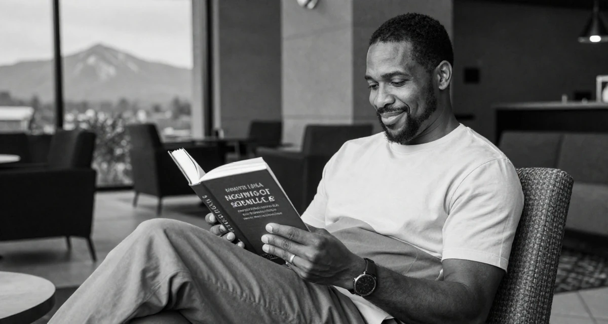 A blissful male From Houston USA, majored in psychology in their 47, expert in navigating difficult conversations, wearing a bold color-block outfit, reading a book intently in a hotel lobby.