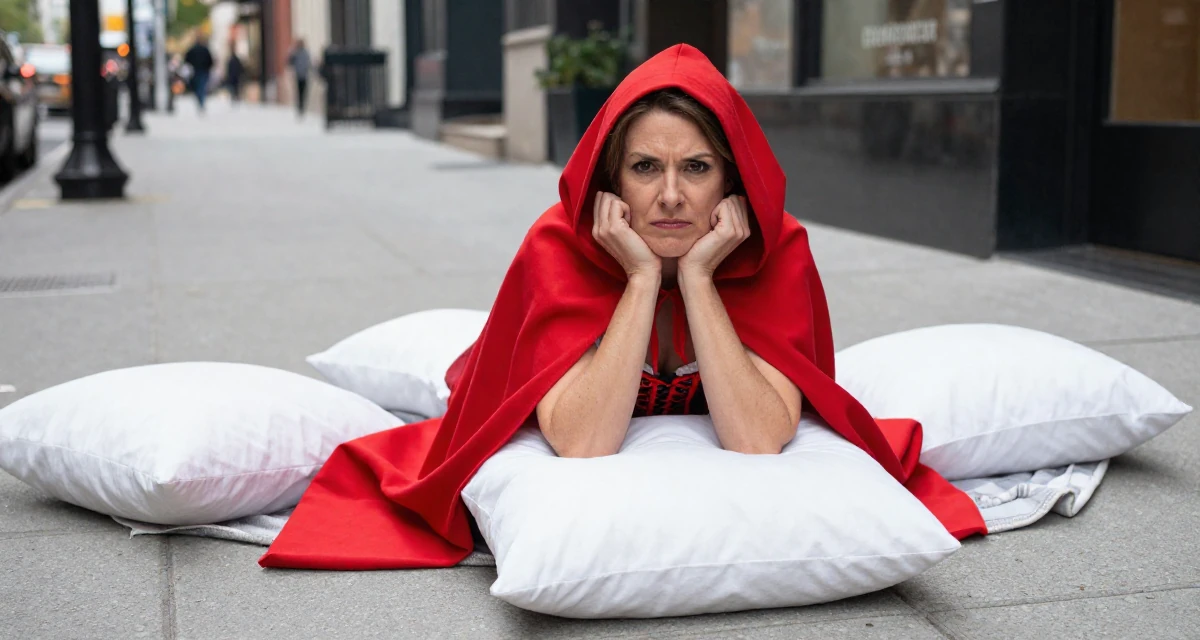 A intimidating Female From United States, studied French literature in their 40, inspiring others to chase dreams at any age, wearing a red riding hood inspired cape and corset dress, tucking hair behind an ear in a city sidewalk.