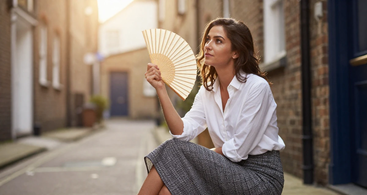 A curious Female From UK, studied anthropology in their 23, saving aggressively for a dream travel trip, wearing a asymmetrical hem skirt and a crisp white shirt, fanning self with a hand in a quiet alleyway.