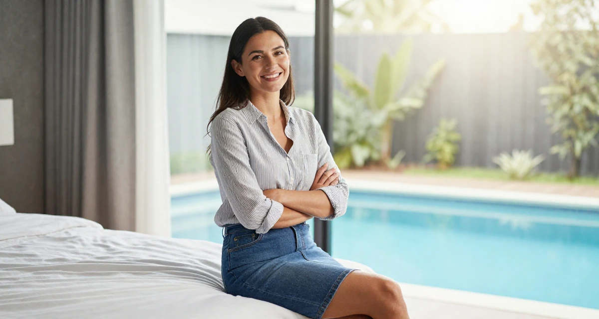A warm and welcoming Female From Australia, trained in photography and visual arts in their 44, navigating divorce and finding new happiness, wearing a striped button-down shirt tucked into a denim pencil skirt, crossing arms confidently in a swimming pool deck.