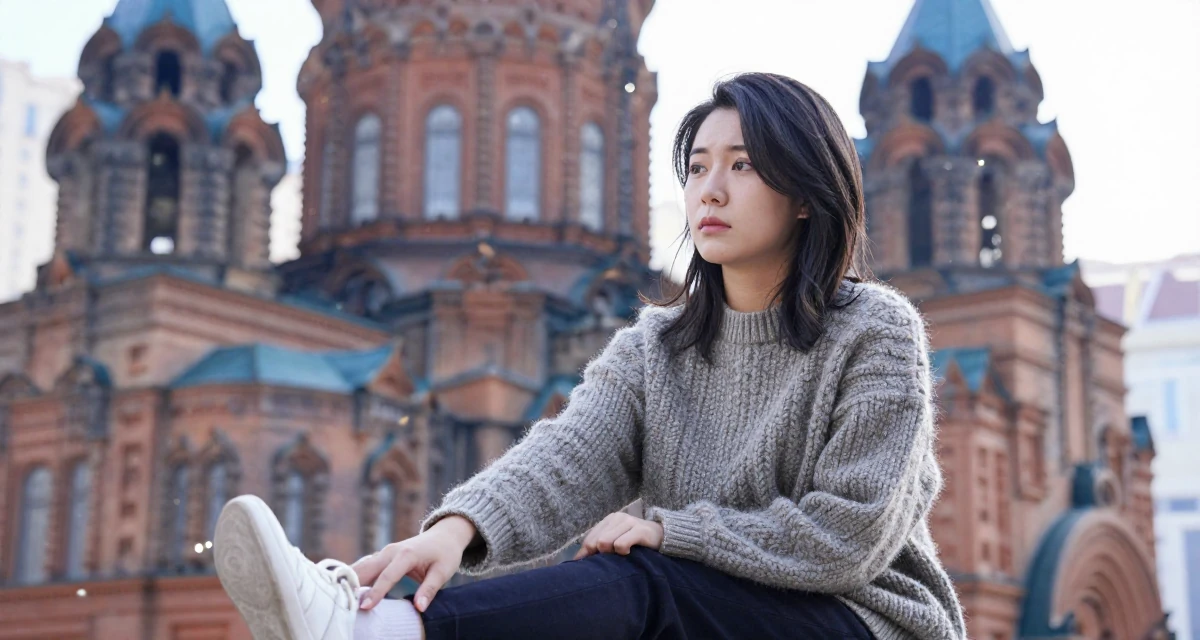 A observant Female Former security guard, now a bold confidence-themed creator in their 22, facing uncertainty about future stability, wearing a textured wool sweater, tapping a foot rhythmically in a tv set.