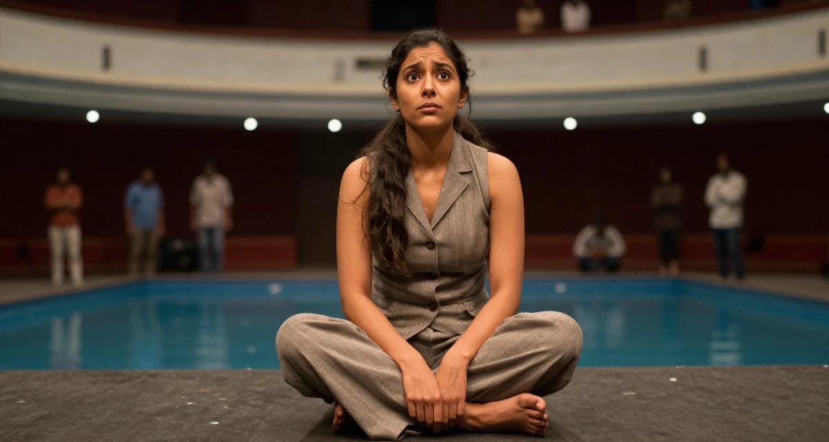 A calmly observant Female From New Delhi India, majored in English literature in their 20, eyes wide with wonder and confusion, wearing a fitted waist coat and wide leg trousers, taking a deep breath in a theater stage.