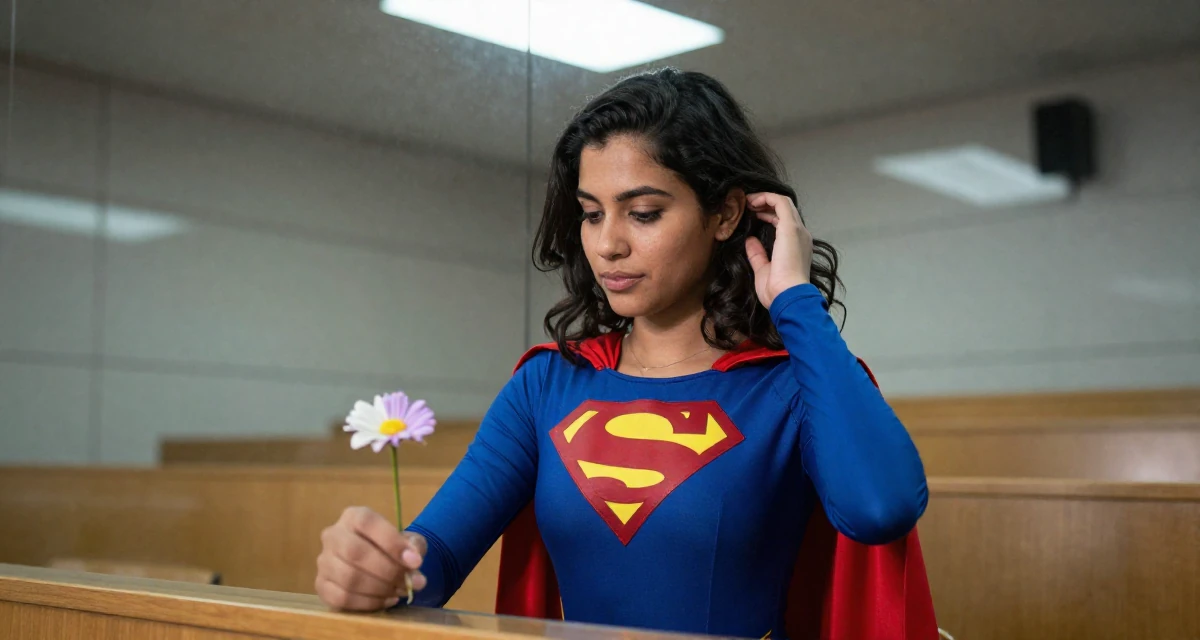 A reassured Female Grew up in Nepal, majored in marketing analytics in their 25, exploring safe ways to promote content without judgment, wearing a superheroine spandex suit with a cape, holding a flower in a lecture hall.