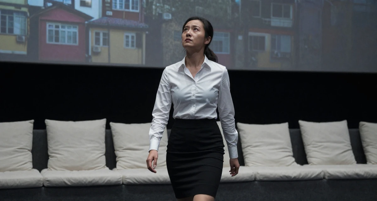 A tense Female From Shenzhen China, graduated in computer science in their 48, sharing stories of overcoming career setbacks, wearing a fitted white button-down shirt and a black pencil skirt, gazing at the sky in a cinema lobby.