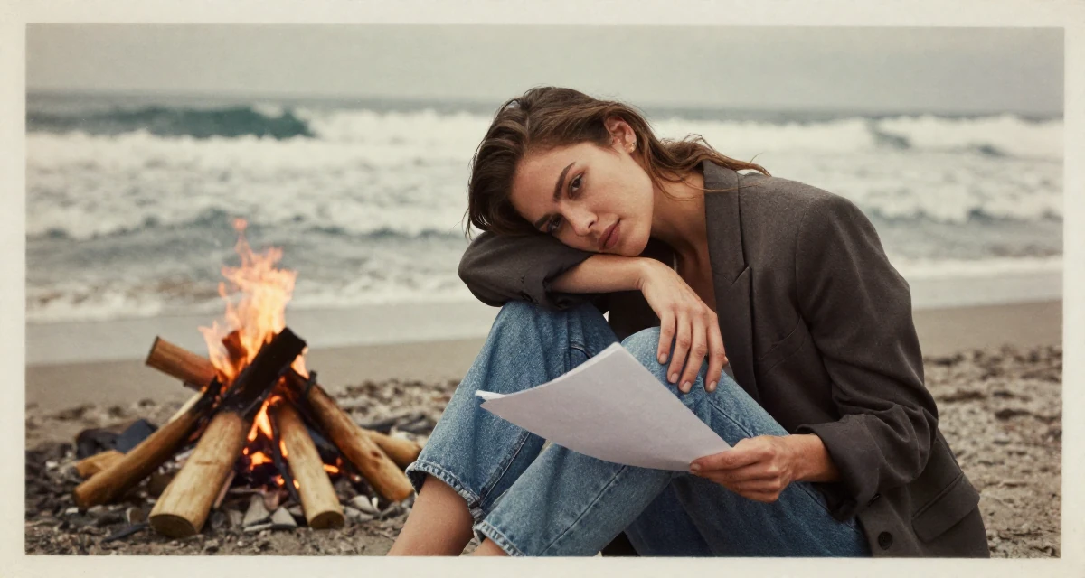 A composed Female Once a barista, now a full-time creator leaning into aesthetic storytelling in their 25, optimizing scenes for mood, not explicitness, wearing a business casual outfit with jeans and a blazer, holding a piece of paper in a campfire circle.