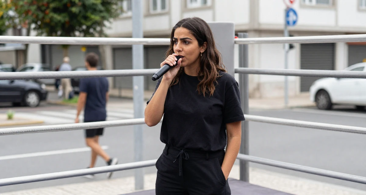 A enigmatic Female From Portugal, majored in architecture in their 39, sharing stories of resilience and growth, wearing a urban minimalist silhouette, humming a tune visually in a boxing ring.