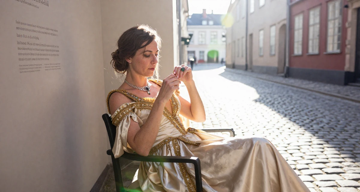 A vulnerable Female From Aarhus Denmark, trained in fitness coaching and body alignment in their 27, feeling more comfortable in their own skin, wearing a regal empress gown with heavy silk and jewelry, playing with a ring on a finger in a museum exhibit.