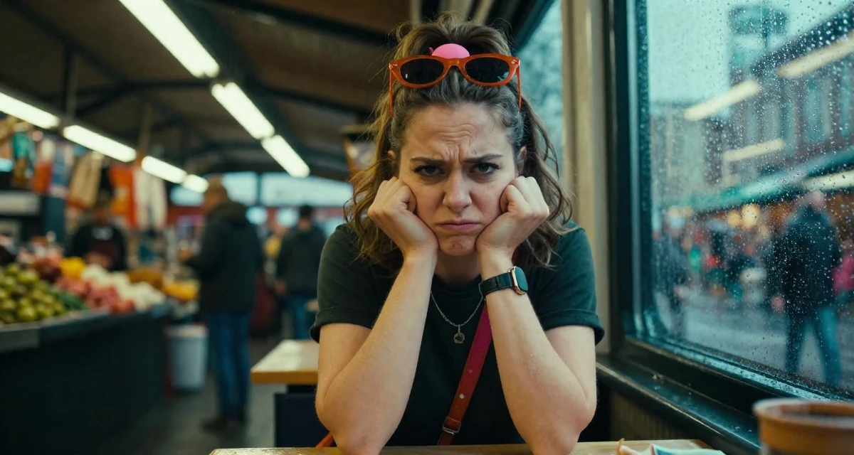 A arrogant Female From the Netherlands, based in Utrecht, graduated from a creative academy majoring in UX design in their 23, masking anxiety behind playful posts, wearing a pop of color accessory look, tapping a foot in a bustling market.