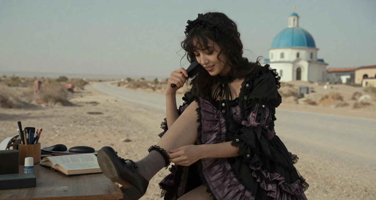 A warmhearted Female From Geneva Switzerland, studied elegance-based visual storytelling in their 36, documenting the process of writing a book, wearing a elaborate gothic lolita dress with frills and lace, brushing hair away from the face in a messy desk.