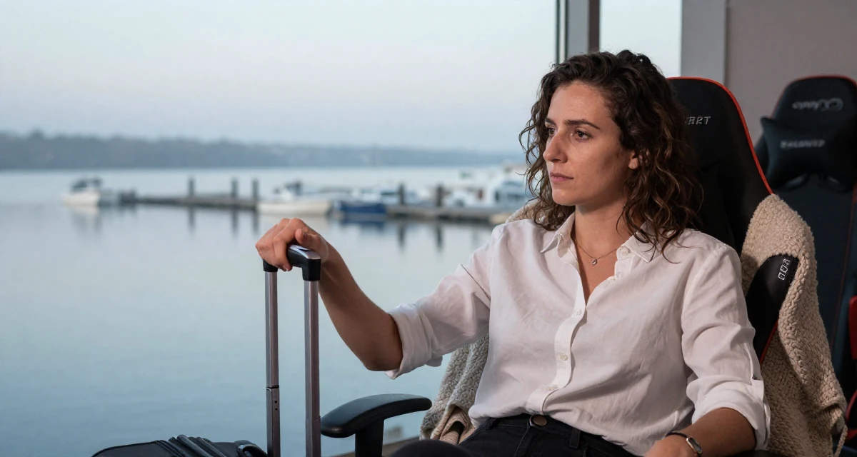 A passionate Female From Luxembourg, studied European business law in their 25, learning resilience through financial instability, wearing a crisp button-up with rolled sleeves, polling a luggage handle in a gaming room.