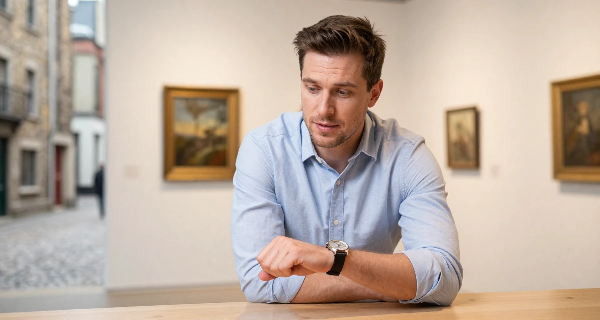 A dreamy male Grew up in Ireland, majored in digital marketing in their 35, creating plant-based recipes for families, wearing a sharp business casual attire, checking a wristwatch in a art gallery hall.