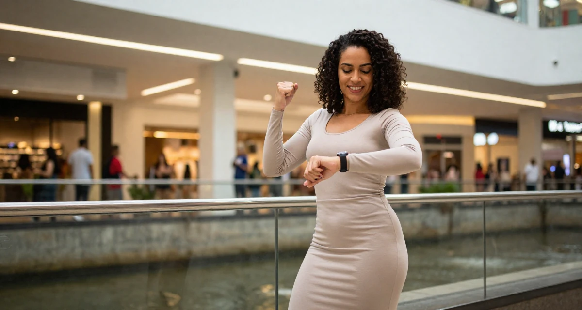 A victorious Female From São Paulo Brazil, practiced samba dance and sensual movement in their 33, documenting a weight loss and health journey, wearing a long-sleeve bodycon midi dress in neutral tones, checking a wristwatch in a shopping mall atrium.