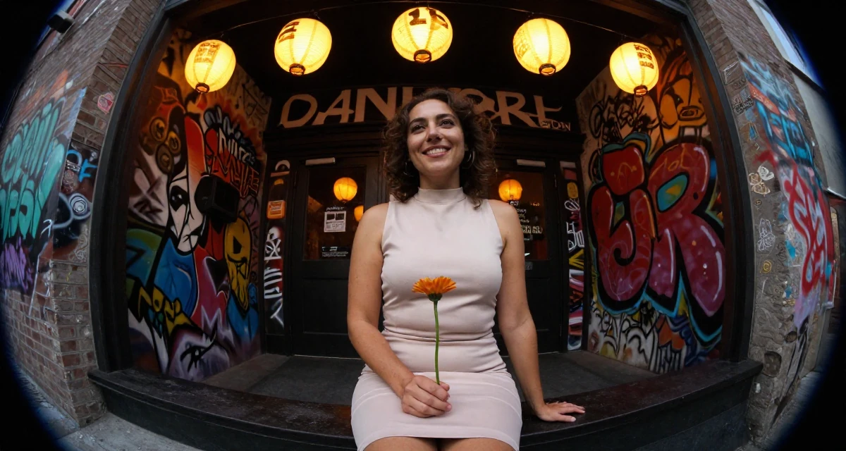 A warmhearted Female From Montreal Canada, studied erotic art history and creative expression in their 34, redefining what success means personally, wearing a mock neck sleeveless top and a pencil skirt, holding a single flower in a cinema entrance.