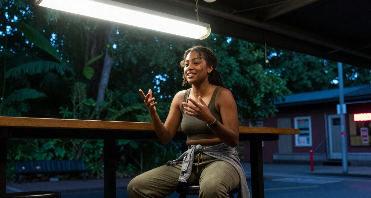 A warmhearted Female From Oslo Norway, learned sensual choreography through contemporary dance in their 21, hiding insecurity behind a perfect makeup look, wearing a comfortable travel outfit, gesturing while talking in a neon-lit street.