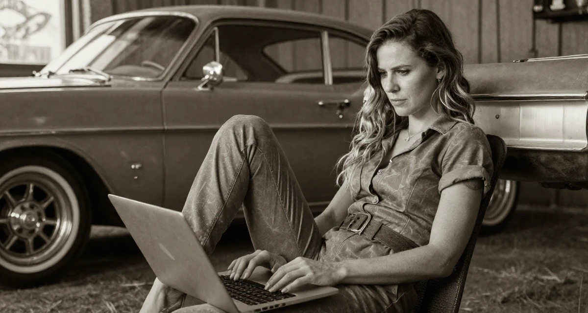 A dazed Female Former accountant in her 30s, now creating fitness-driven fan content in their 35, teaching financial literacy to other women, wearing a chic jumpsuit styling, typing on a laptop in a gaming room.