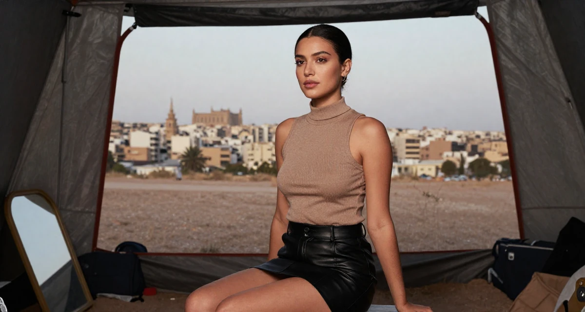 A quietly confident Female From Morocco, majored in web development in their 22, learning that fans disappear as fast as they come, wearing a fitted turtleneck sleeveless top and a leather mini skirt, glancing sideways in a camping site.