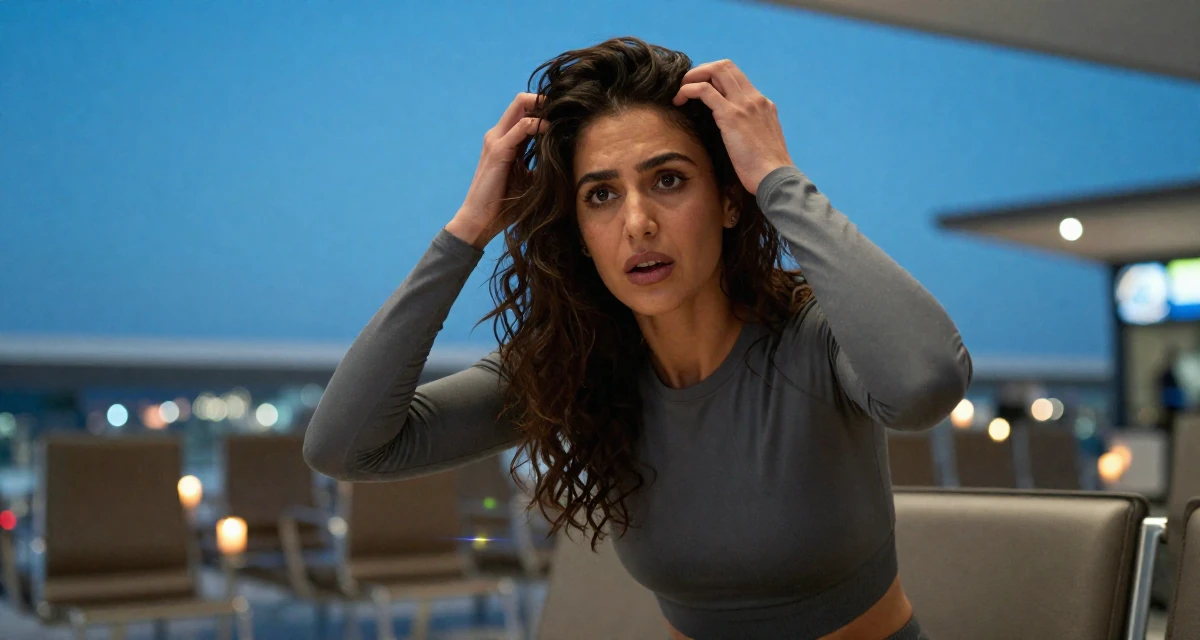 A open and honest Female From UAE, studied business administration in their 26, learning to endure hate comments quietly, wearing a fitted athletic wear, messing up hair playfully in a airport departure lounge.