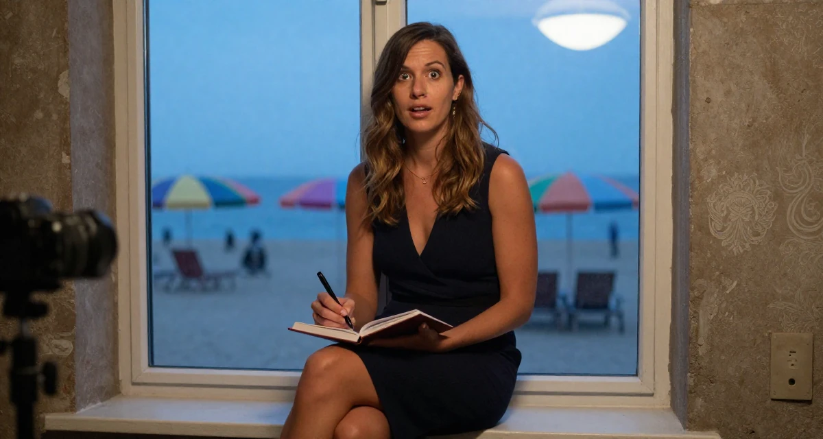 A subtly surprised Female From Copenhagen Denmark, majored in architecture in their 37, sharing tips for successful networking, wearing a elegant evening casual wear, writing in a journal in a dungeon cell.